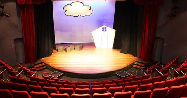 Zenith Theatre auditorium stage with cloud backdrop, ideal for corporate events and performances.