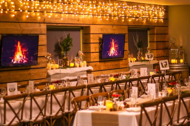 Clubhouse at The Nest: rustic event space with elegant tables for gatherings and celebrations.