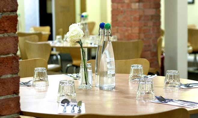 Elegant dining setup at Hallam Café, perfect for professional meetings and events.