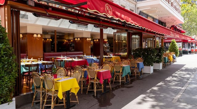 Charming outdoor dining at Le Relais de l'Entrecôte with colorful tablecloths for casual events.