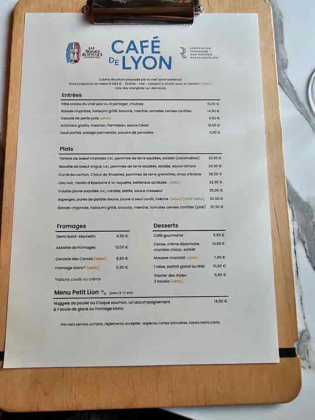Menu au Le Café De Lyon, Chambéry
