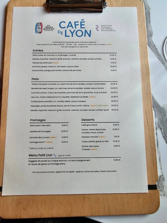 Menu au Le Café De Lyon, Chambéry