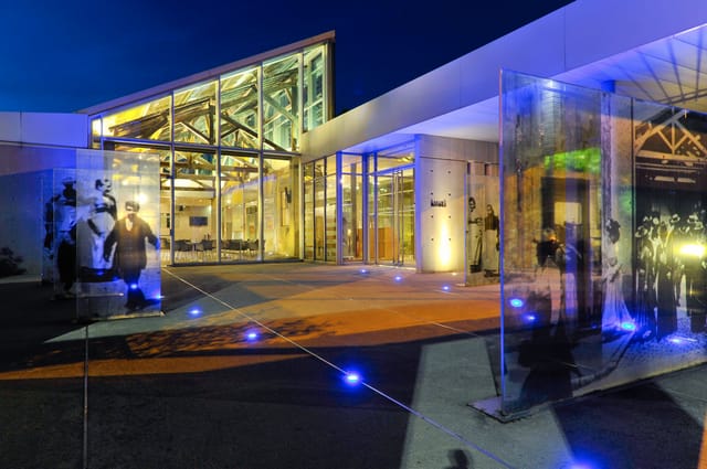 Movie theater entrance at Institut Lumière, modern architecture, perfect for events.