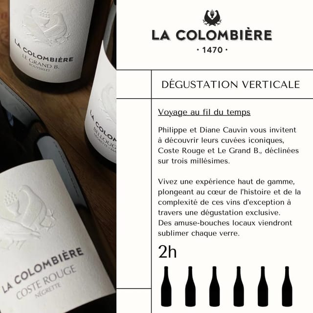 Sleek wine tasting invitation featuring Coste Rouge and Le Grand B at Domaine La Colombière.
