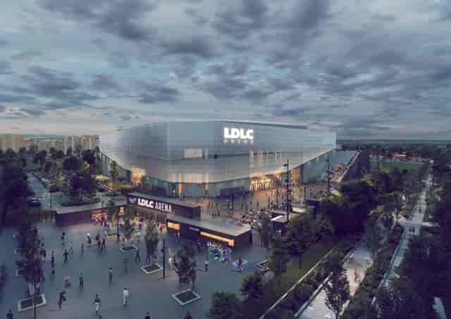 Modern LDLC Arena with glass facade, ideal for concerts and corporate events.