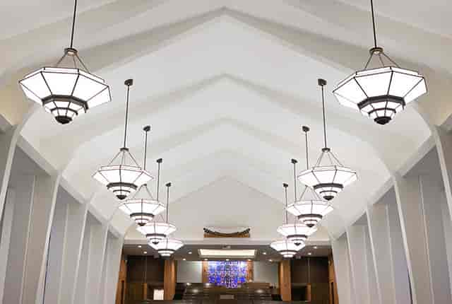 Sanctuary at First Presbyterian Church, vaulted ceiling ideal for events and receptions.