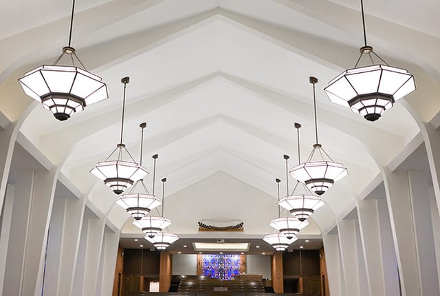 Sanctuary at First Presbyterian Church, vaulted ceiling ideal for events and receptions.