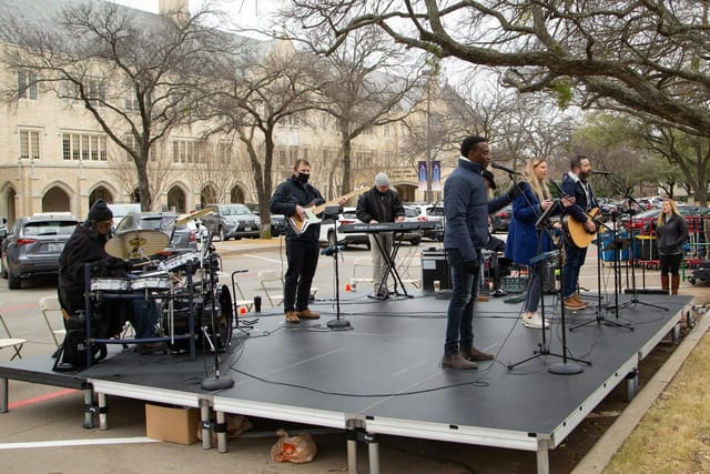 Cox Chapel outdoor stage with band, perfect for festivals and corporate events.