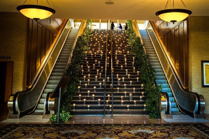 Union Station Wolfgang Puck Mezzanine with elegant escalators and event ambiance.