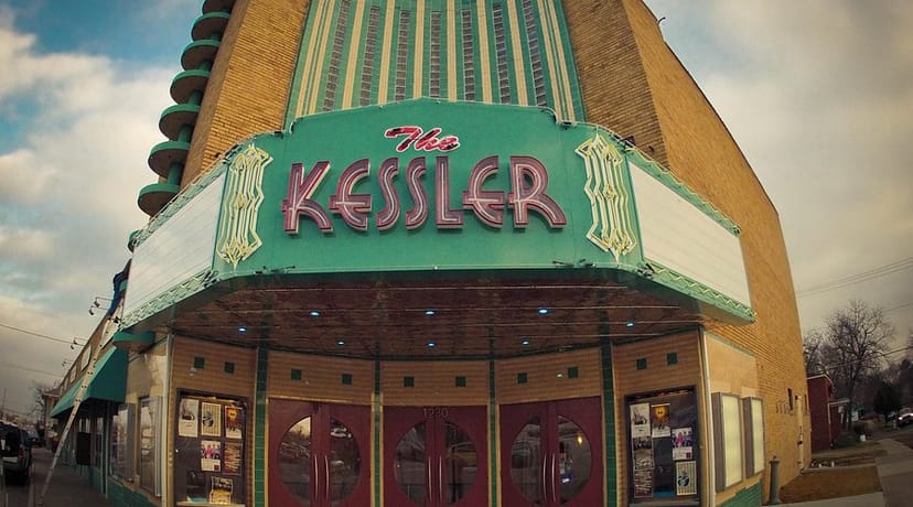 "Vibrant exterior of The Kessler Theater, ideal for concerts and corporate events."