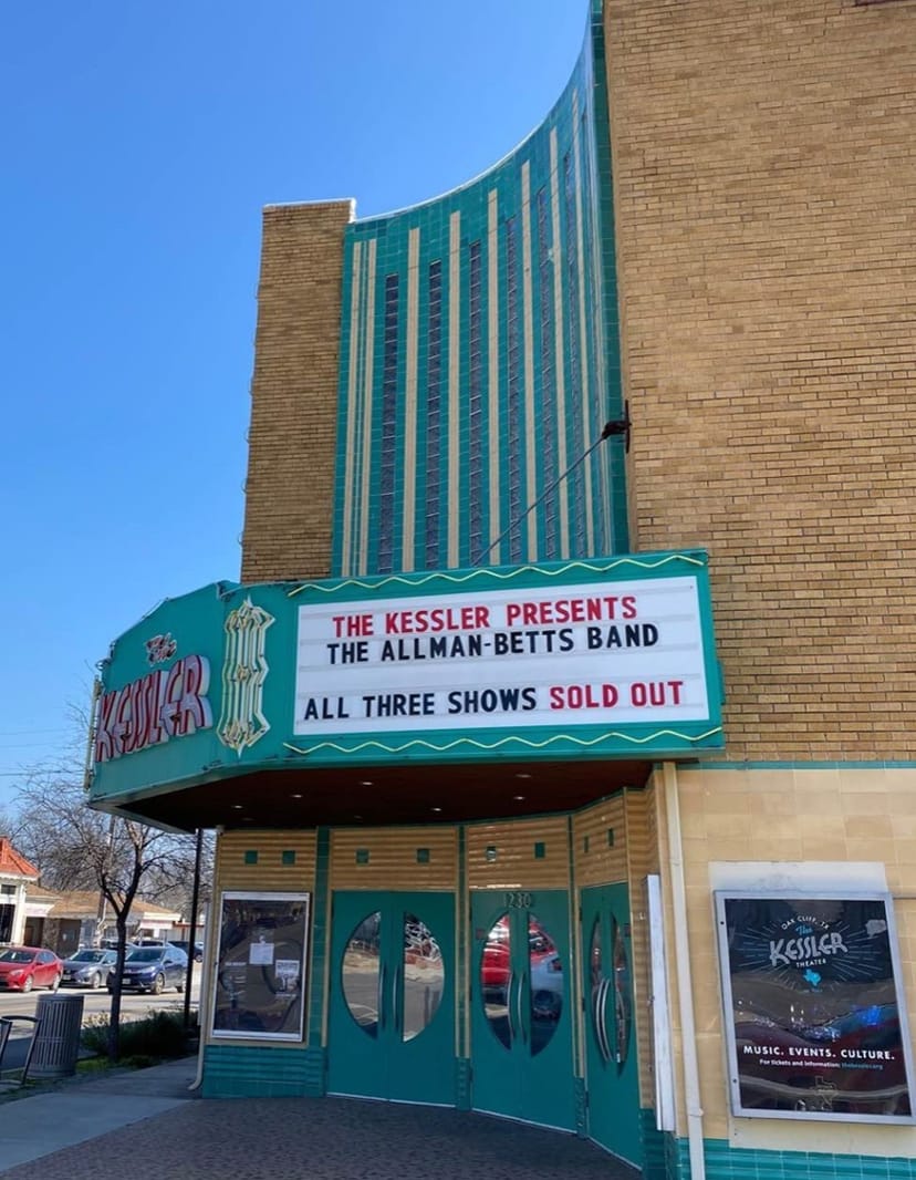 Historic Kessler Theater marquee showcasing sold-out Allman-Betts Band concert events.