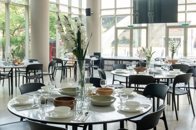 Elegant dining space in Emirates Sports Complex for corporate dinners and social gatherings.