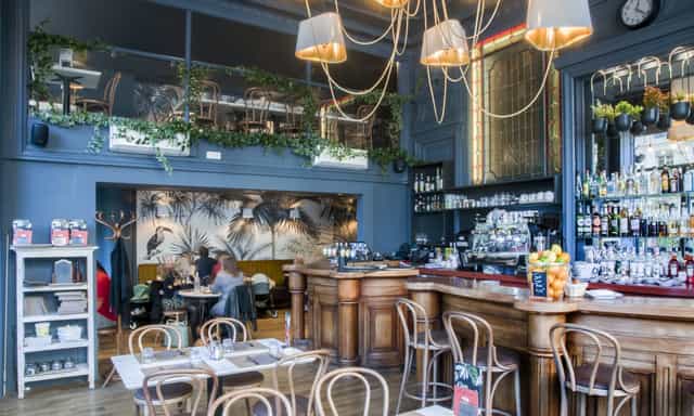 Stylish café with lush greenery, ideal for intimate cocktail receptions and upscale events.
