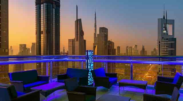 Sky Lounge rooftop venue with skyline view, perfect for upscale events and cocktail parties.
