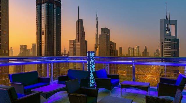 Sky Lounge rooftop venue with skyline view, perfect for upscale events and cocktail parties.