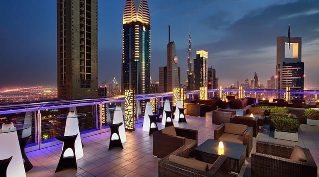 Sky Lounge rooftop venue with skyline view for luxury events and cocktail receptions.