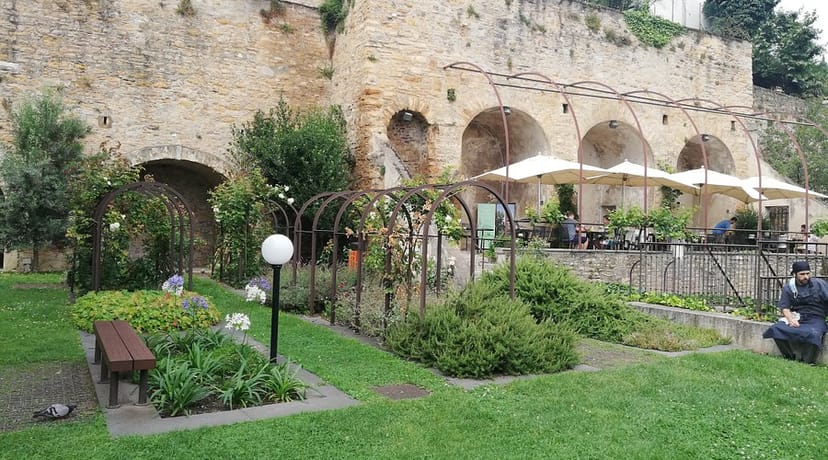Outdoor café-restaurant with rustic architecture for events in Lyon's Musée des Beaux-Arts.