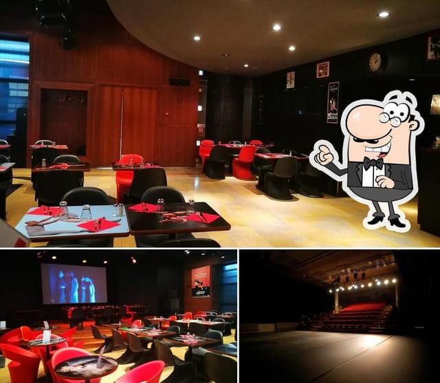 Versatile restaurant venue with sleek black and red decor for corporate events and gatherings.