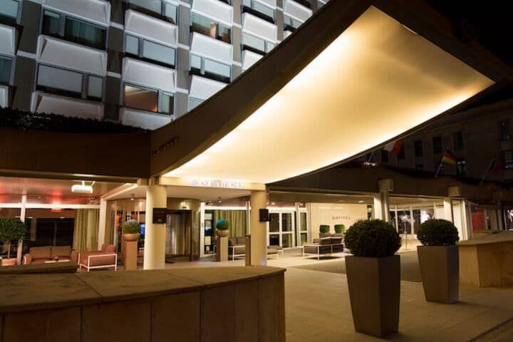 Stylish hotel entrance at Sofitel Lyon Bellecour, perfect for corporate events and meetings.