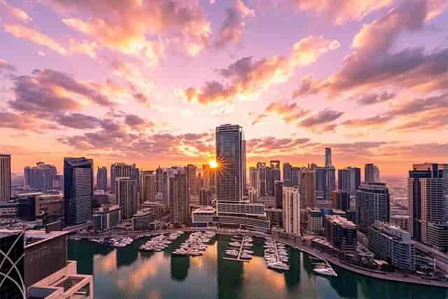 Dubai Marina Yacht Club sunset skyline, perfect for outdoor events and memorable receptions.