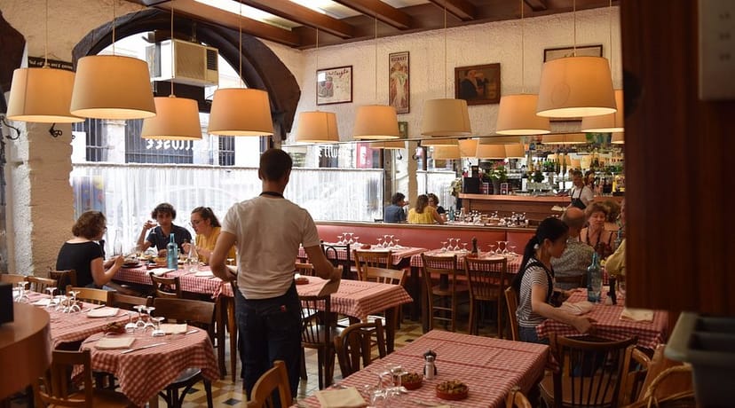 Lyon Fine Arts Museum restaurant setting with checkered tablecloths for casual dining events.