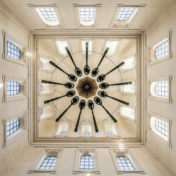 "Stunning clock ceiling at Lyon Fine Arts Museum restaurant for events and gatherings."