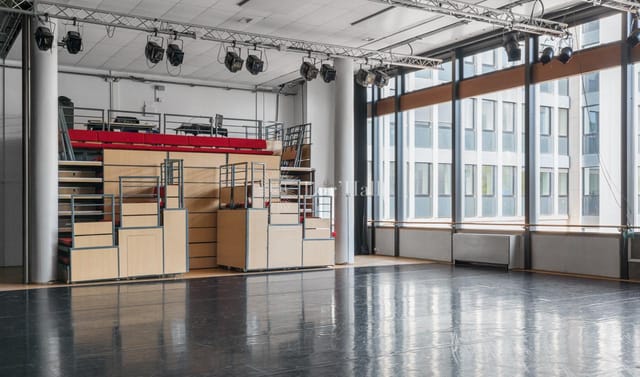 Versatile Atelier event space in Maison de la Danse with natural light for workshops and presentations.
