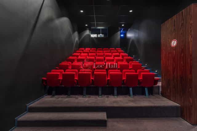Sleek Maison de la Danse theater with red seats, ideal for corporate events and screenings.