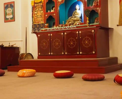 Meditation center altar in Lyon for retreats, workshops, and mindfulness events.