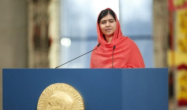 Malala Yousafzai at Nobel Peace Center, delivering a speech on education empowerment.
