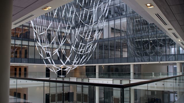 Modern atrium in Dubai Design District, ideal for networking events and gatherings.