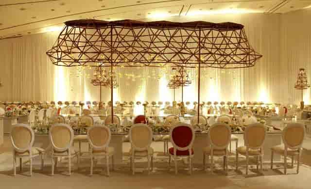 Elegant ballroom with stunning overhead structure, perfect for formal events in Riyadh.