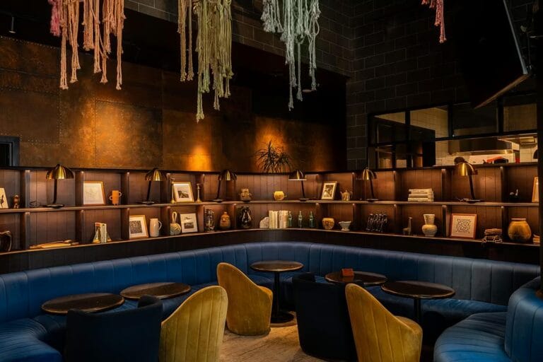 Private dining room in Hunter & Barrel, modern lounge for intimate meetings and gatherings.