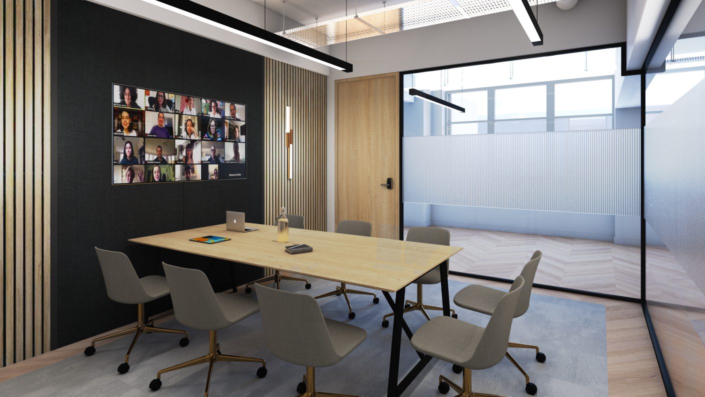 Modern conference room in Tootal Buildings, perfect for hybrid meetings or presentations. - Banner