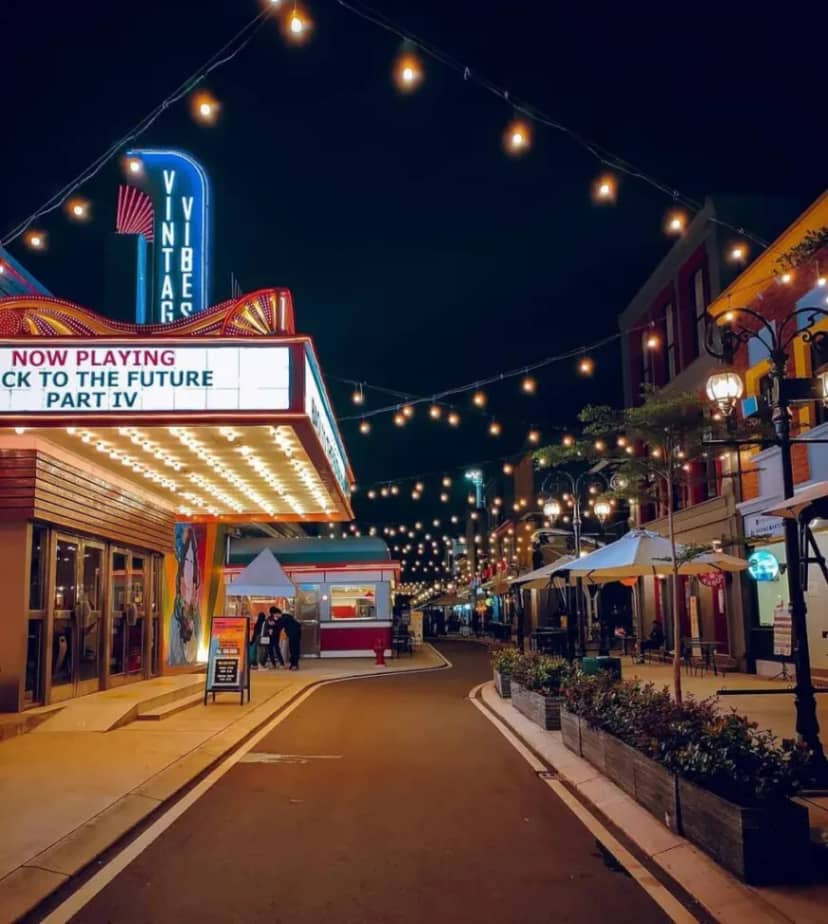 Vibrant outdoor event space with string lights at Area Broadway Alley for gatherings