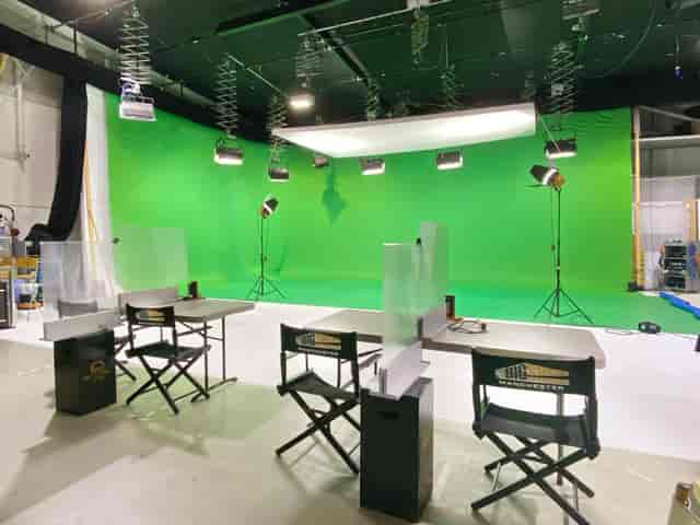 Professional green screen studio in Big Shed for virtual events and hybrid meetings.
