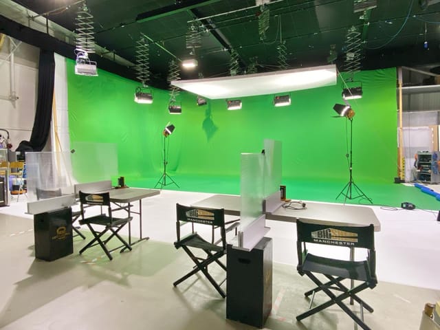 Professional green screen studio in Big Shed for virtual events and hybrid meetings.