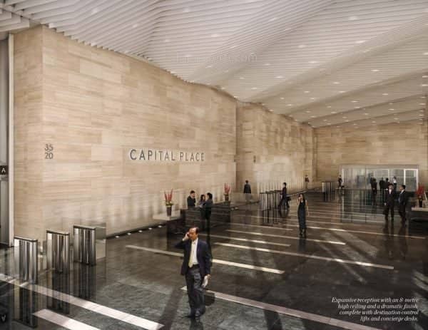 Modern retail podium in Capital Place lobby, ideal for events and networking.
