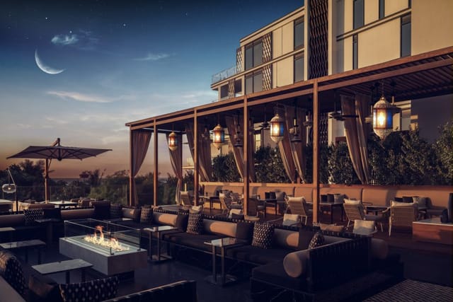 Elegant outdoor lounge at Banyan Tree Dubai, perfect for cocktail receptions and events.