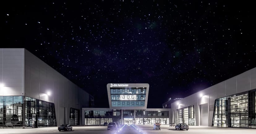 Modern venue at ZAL Center, ideal for upscale events under a starlit sky.