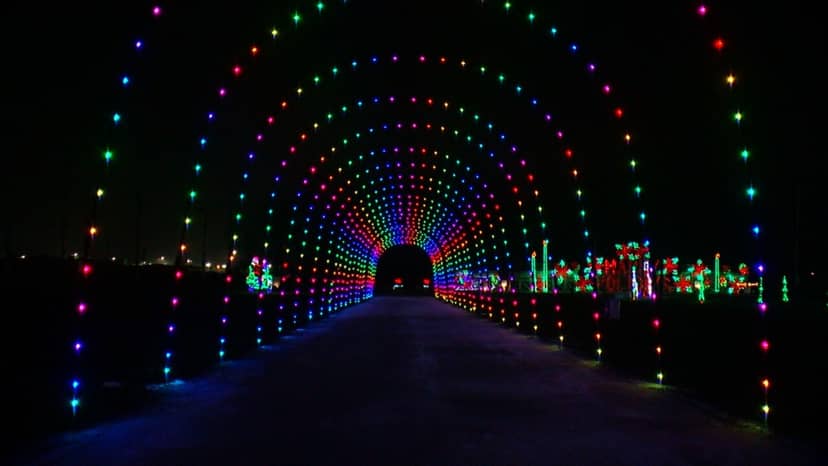 Dazzling light tunnel at Fairgrounds for enchanting events and holiday gatherings.