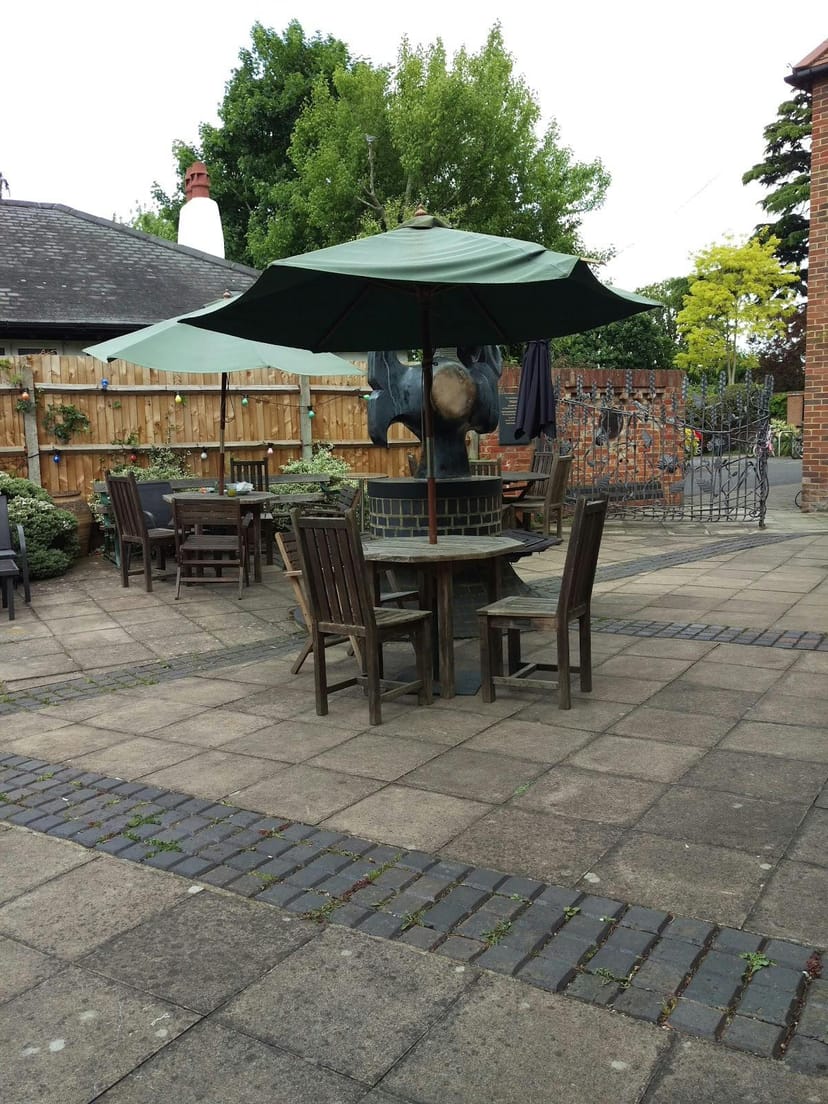 Robert Phillips Gallery outdoor space with wooden furniture, perfect for networking events.