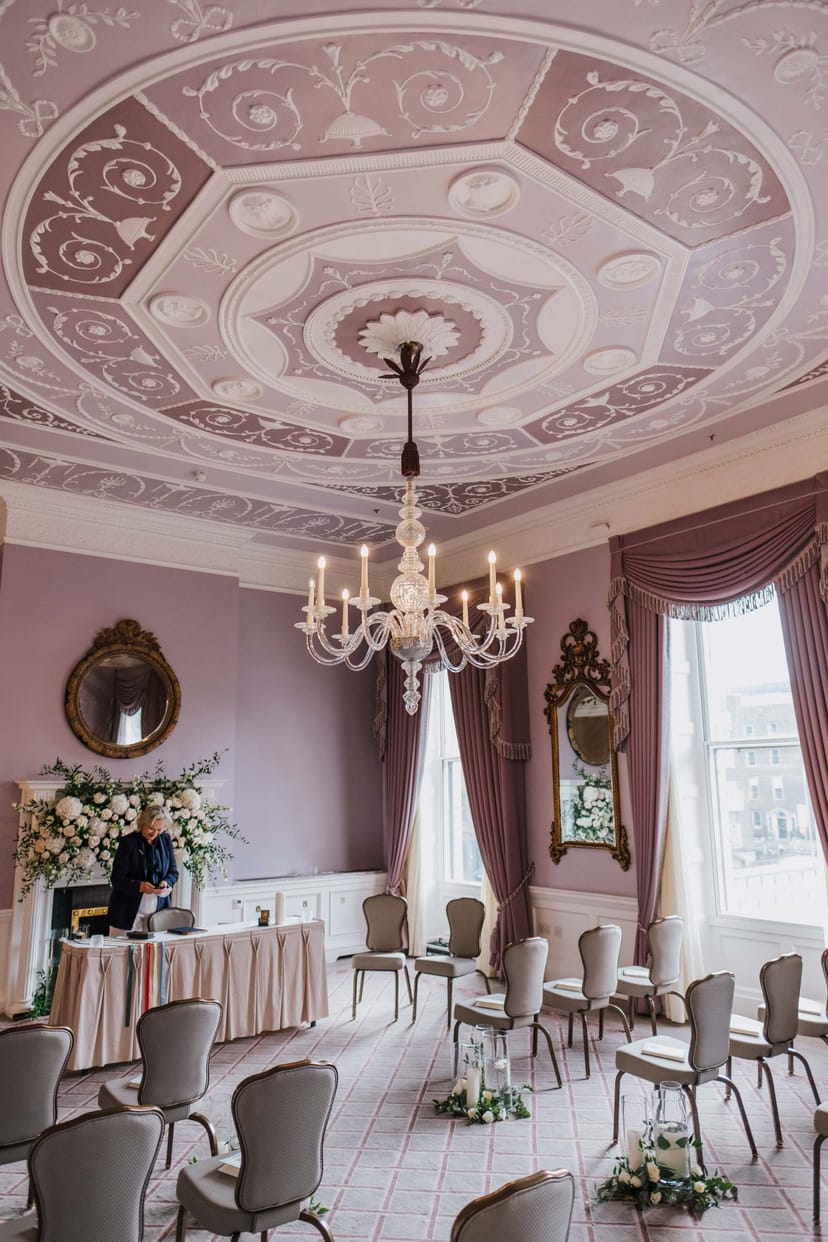 Elegant event space in The Shelbourne with chandelier, perfect for weddings and gatherings.