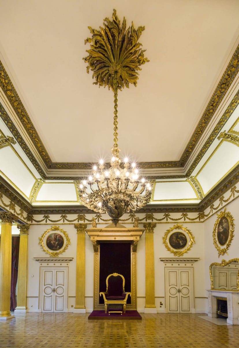 Gothic Room in Dublin Castle with ornate chandelier, ideal for formal events.