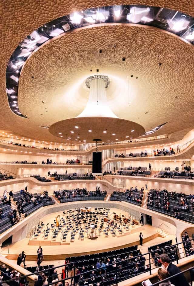 Elbphilharmonie observation deck with elegant architecture for concerts and conferences.