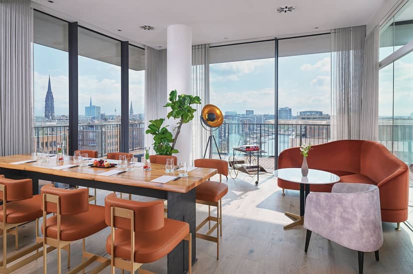 Modern wedding venue at The Westin Hamburg with city views and stylish seating.