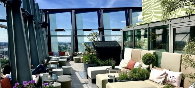 Rooftop restaurant, city view, event venue, cocktail reception