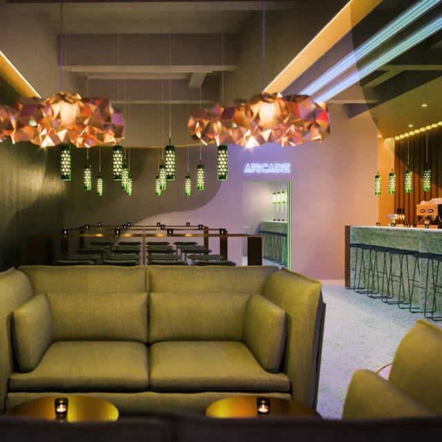 Modern Cappellini Lounge with unique pendant lights for networking events.