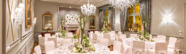 Elegant banquet setting in Grand Salon, Fairmont Hotel for weddings and gala dinners.