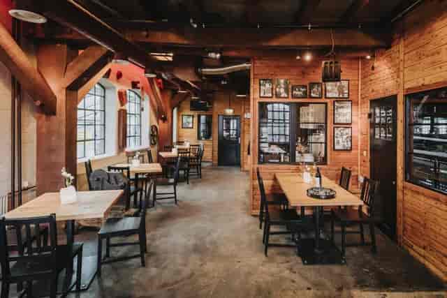 Rustic industrial bistro event space, Hamburg.